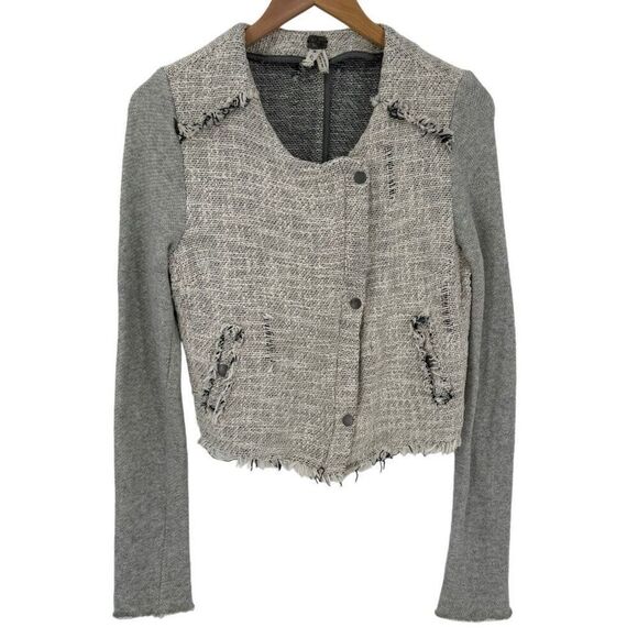 We The Free Tweed Moto Jacket Frayed Hem Asymmetrical Women 6 Grey Cream - Picture 2 of 8